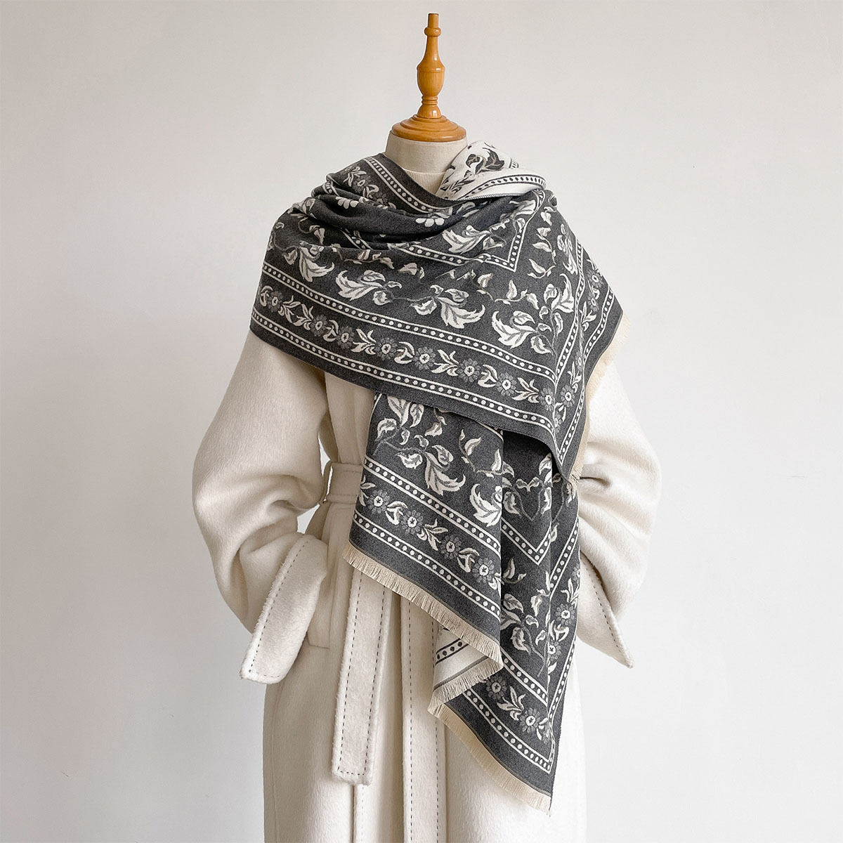 Wool Scarf Men - Damen-Schal aus Kunstkaschmir, doppelseitig, Vintage-Gänseblümchen-Blumenmuster, Fransen,